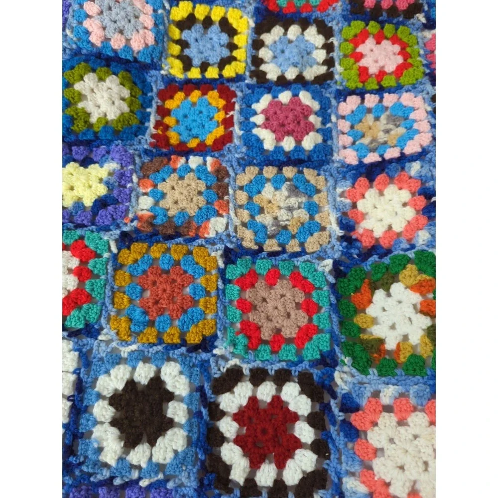 Handmade crocheted granny square‎ Afghan blanket throw yellow trim blue red pink